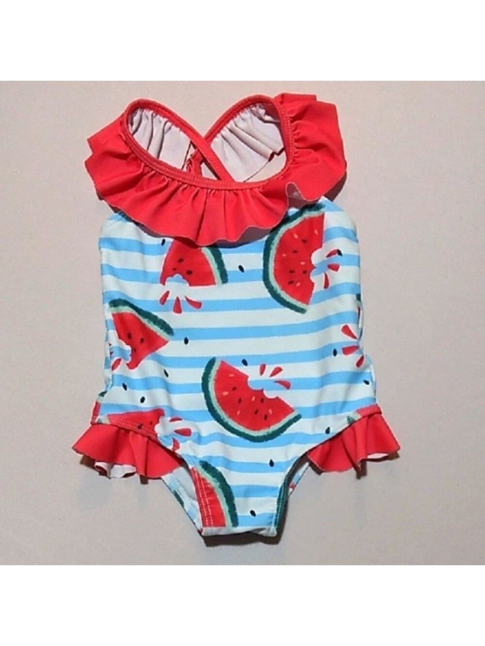 9-12 Month Girls PatPat Watermelon Print Swimsuit White Blue Stripes